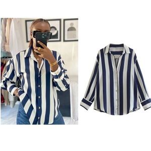 Zara Button up Silky Navy and White Striped